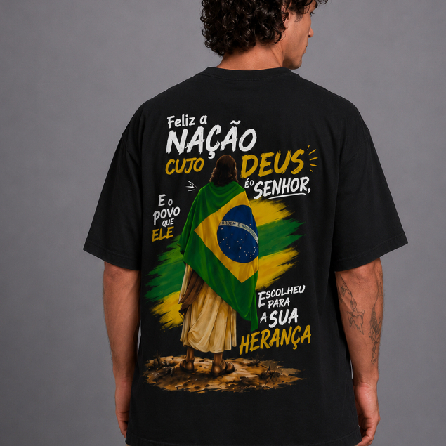 Camiseta oversized Gospel Masculina Feminina Brasil Pátria Jesus Estampada Camisa Algodão Patriota Versículo Gospel