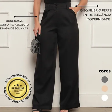 Calça Alfaiataria Feminina Wide Leg Social Cintura Alta