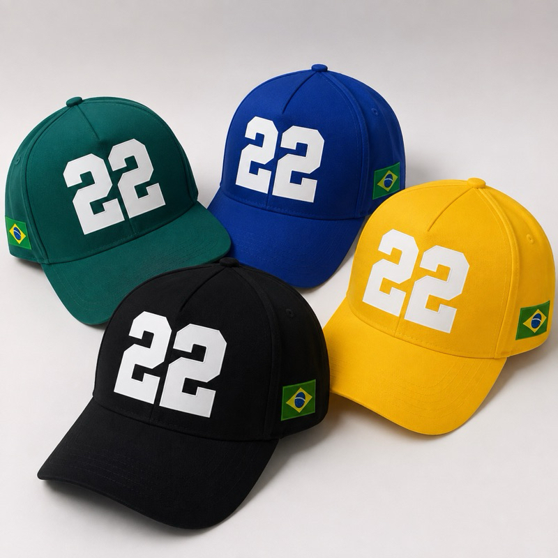 Boné Brasil 22 Personalizado Premium DTF Aba Curva Ajustável Amarelo Unissex