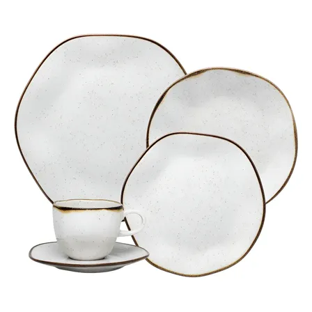 Aparelho De Jantar 30 Peças Ryo Maresia Oxford Porcelana Off White e Marrom