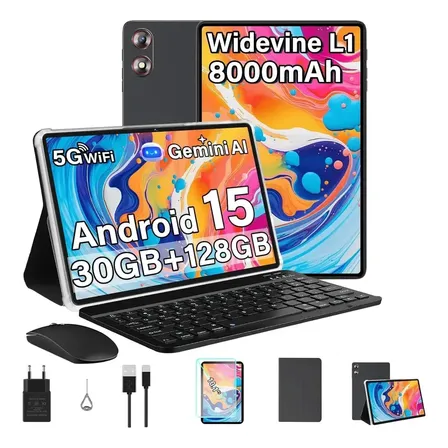 Tablet Android 15 10 Polegadas 30Gb Ram+128Gb Rom/tf 2 Tb Gemini Ai,2.4G/5G Wi-fi,Octa-core 2.0 Ghz, 6000mAh, Desbloqueio facial, Widevine L1,BT 5.0, com Capa Teclado E Mouse,trabalho/entretenimento